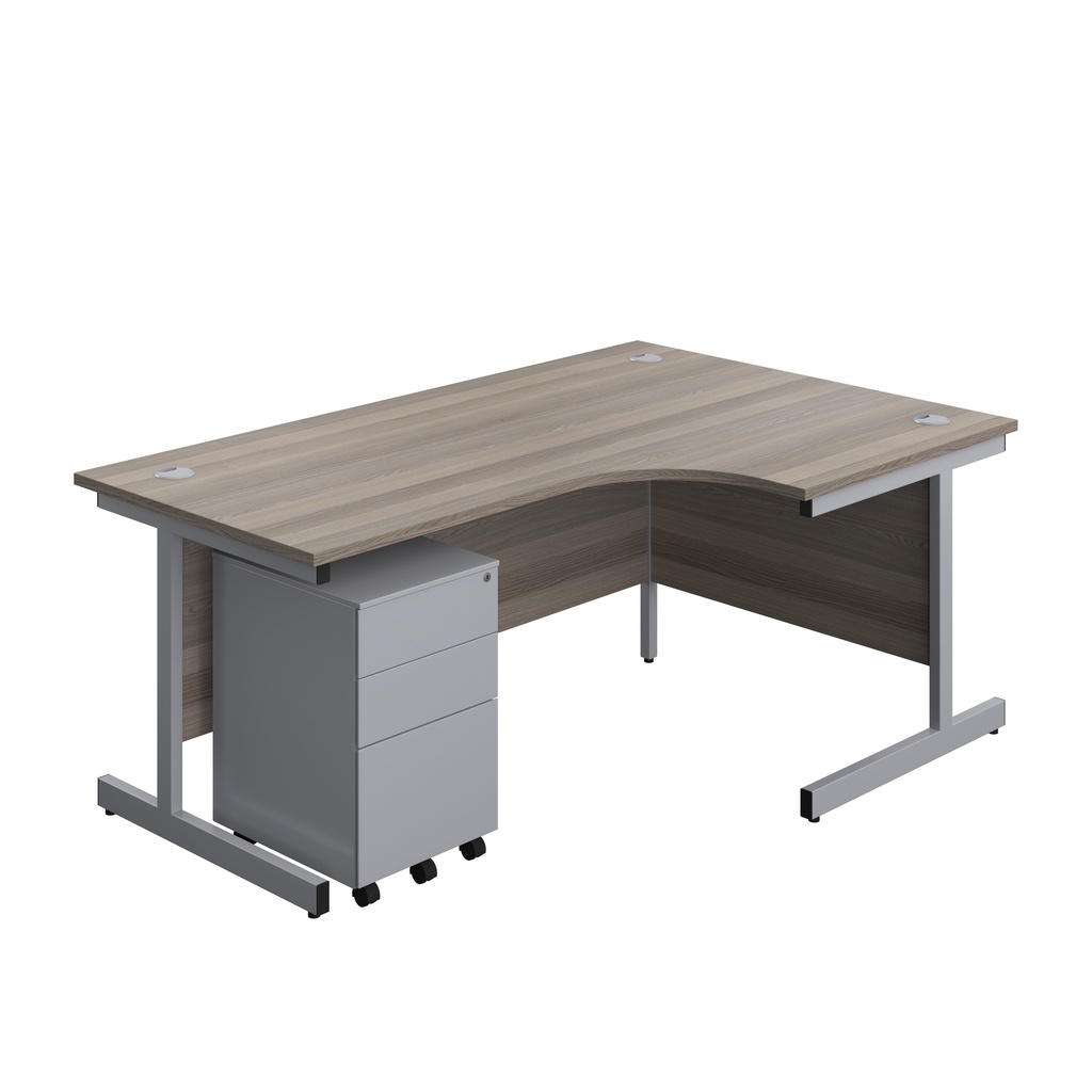 Single Upright Right Hand Radial Desk + Under Desk Steel Pedestal 3 Drawers (FSC) | 1800 X 1200 | Grey Oak/Silver | 