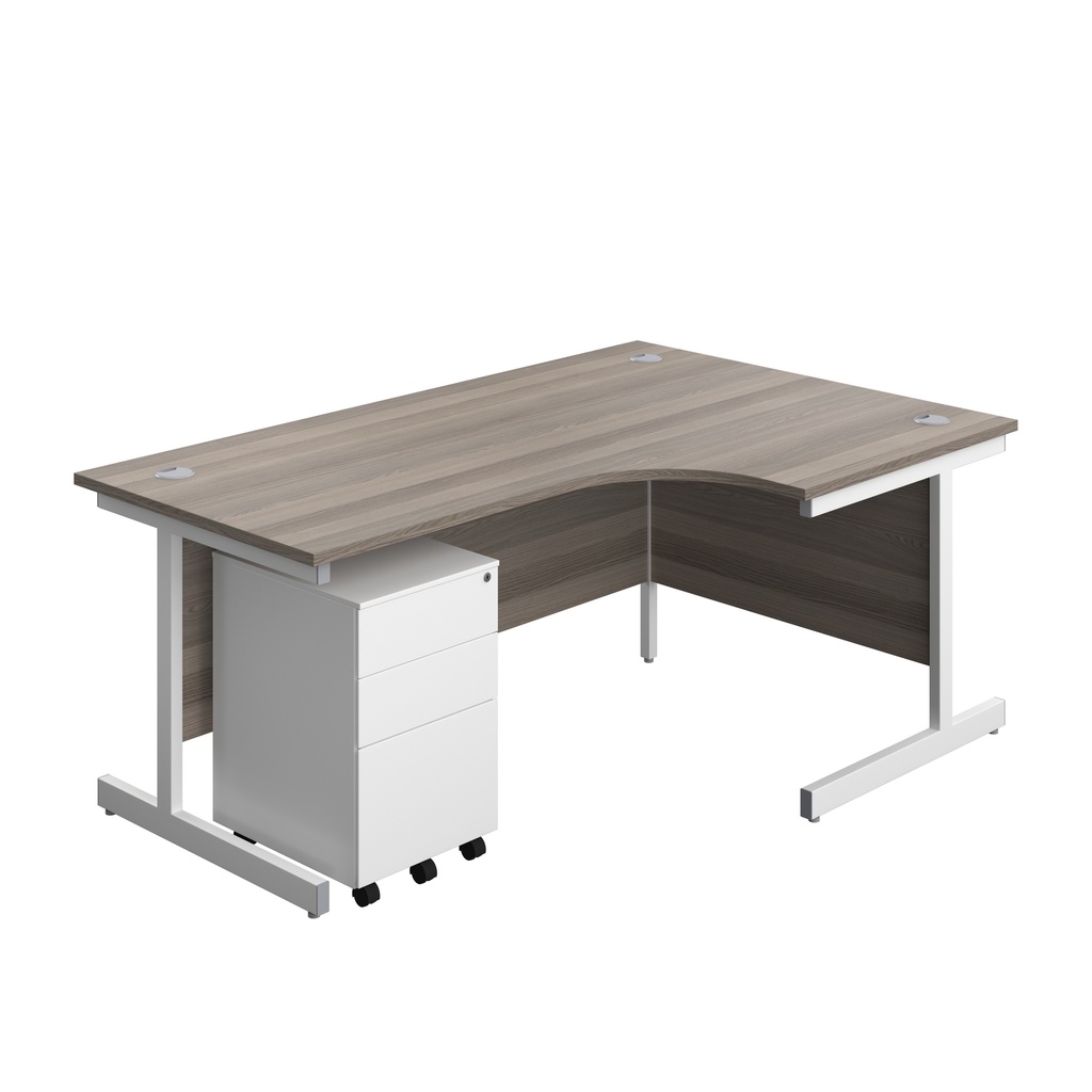 Single Upright Right Hand Radial Desk + Under Desk Steel Pedestal 3 Drawers (FSC) | 1800 X 1200 | Grey Oak/White | 