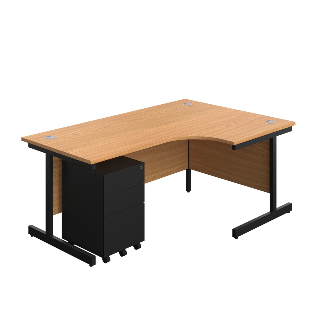 Single Upright Right Hand Radial Desk + Under Desk Steel Pedestal 3 Drawers (FSC) | 1800 X 1200 | Nova Oak/Black | 