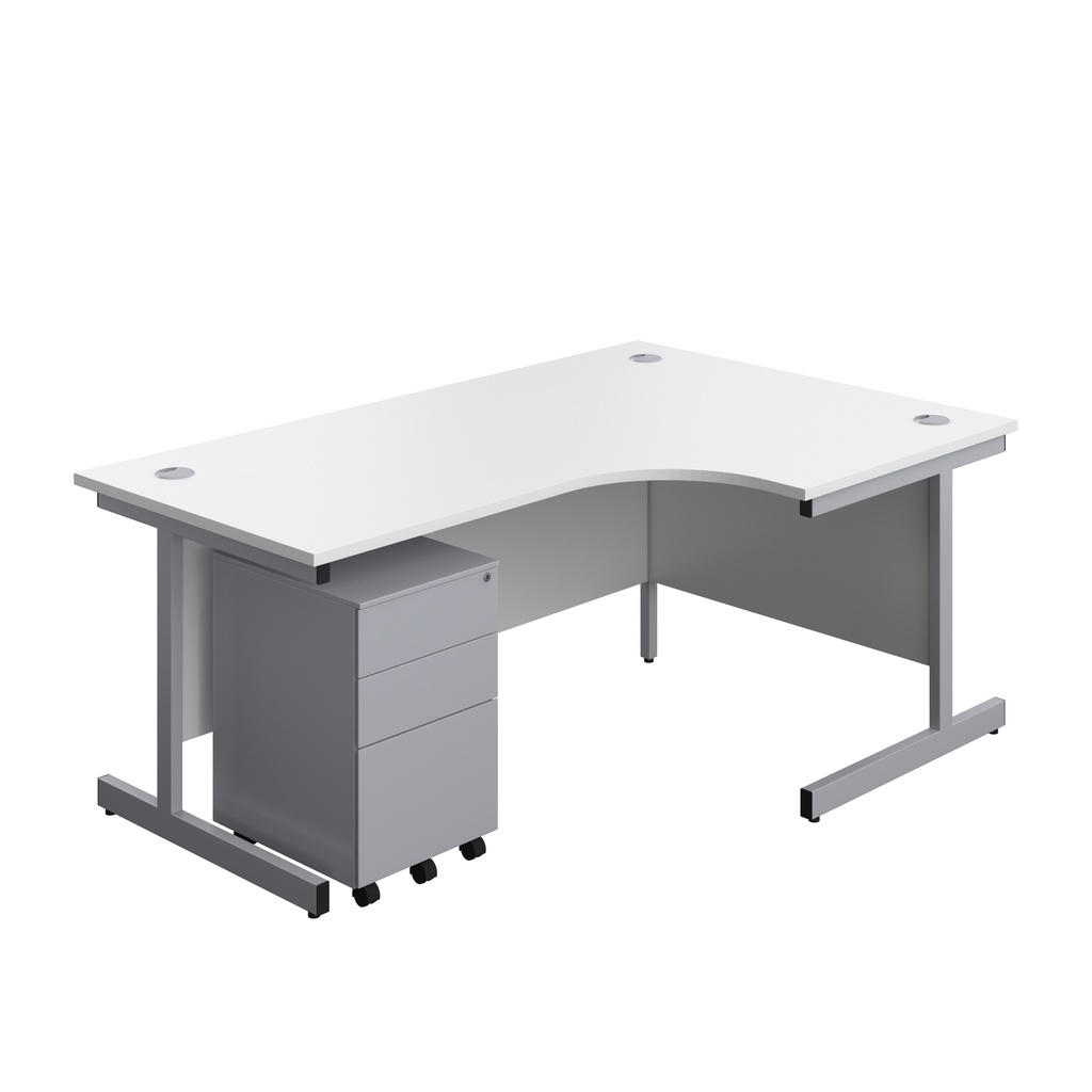 Single Upright Right Hand Radial Desk + Under Desk Steel Pedestal 3 Drawers (FSC) | 1800 X 1200 | White/Silver | 