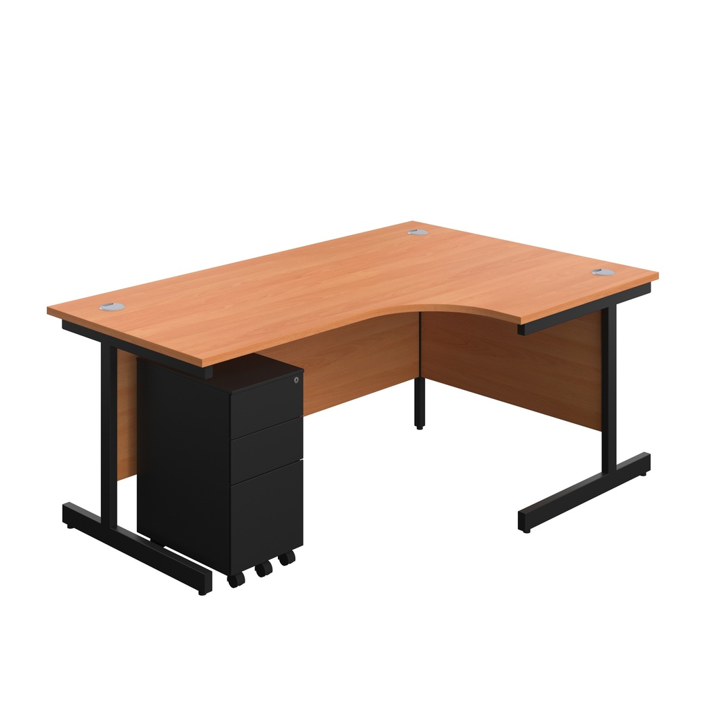 Single Upright Right Hand Radial Desk + Slimline Steel Pedestal 3 Drawers (FSC) | 1800 X 1200 | Beech/Black | 
