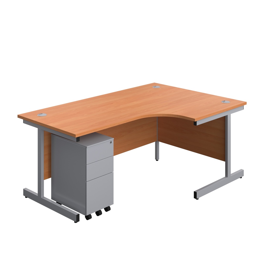 Single Upright Right Hand Radial Desk + Slimline Steel Pedestal 3 Drawers (FSC) | 1800 X 1200 | Beech/Silver | 