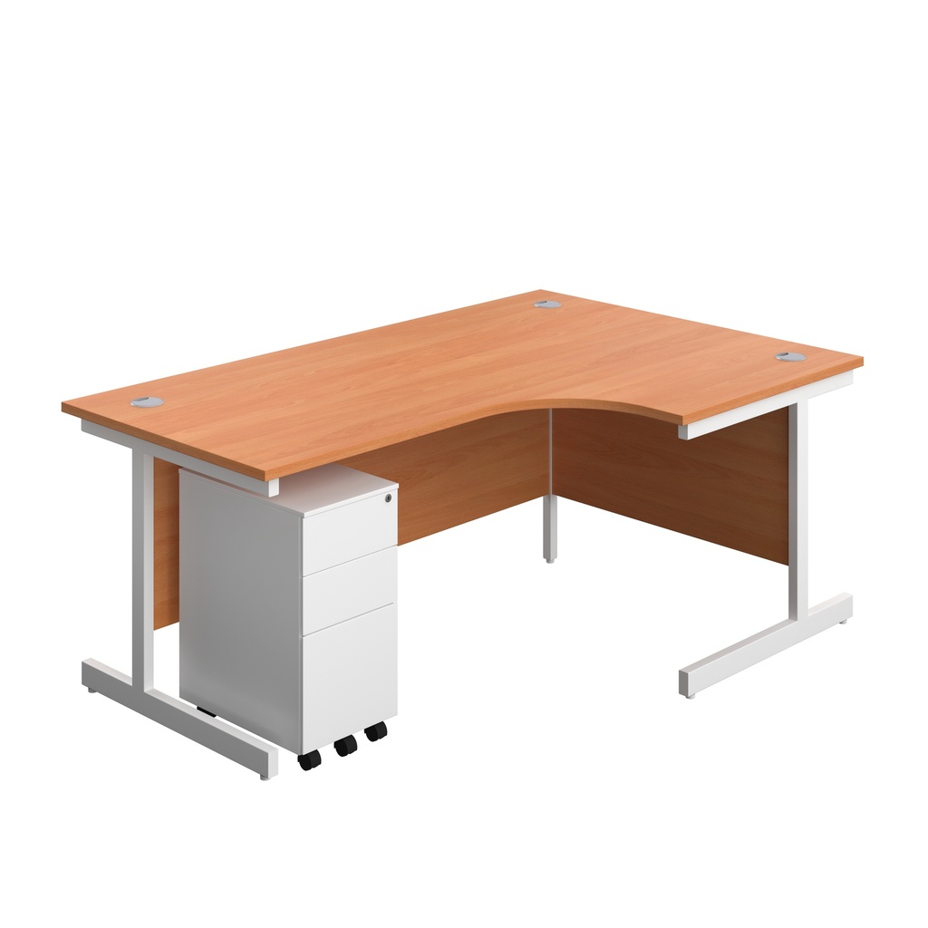 Single Upright Right Hand Radial Desk + Slimline Steel Pedestal 3 Drawers (FSC) | 1800 X 1200 | Beech/White | 