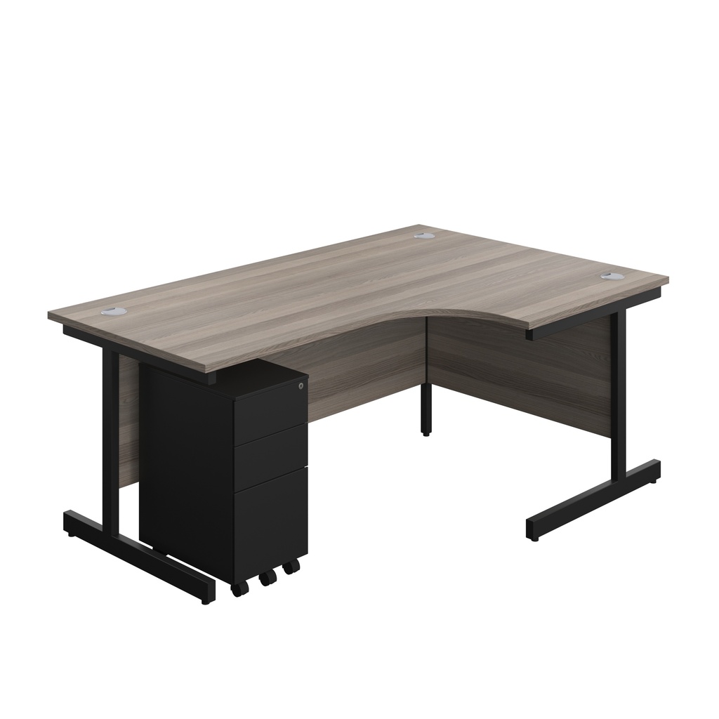 Single Upright Right Hand Radial Desk + Slimline Steel Pedestal 3 Drawers (FSC) | 1800 X 1200 | Grey Oak/Black | 