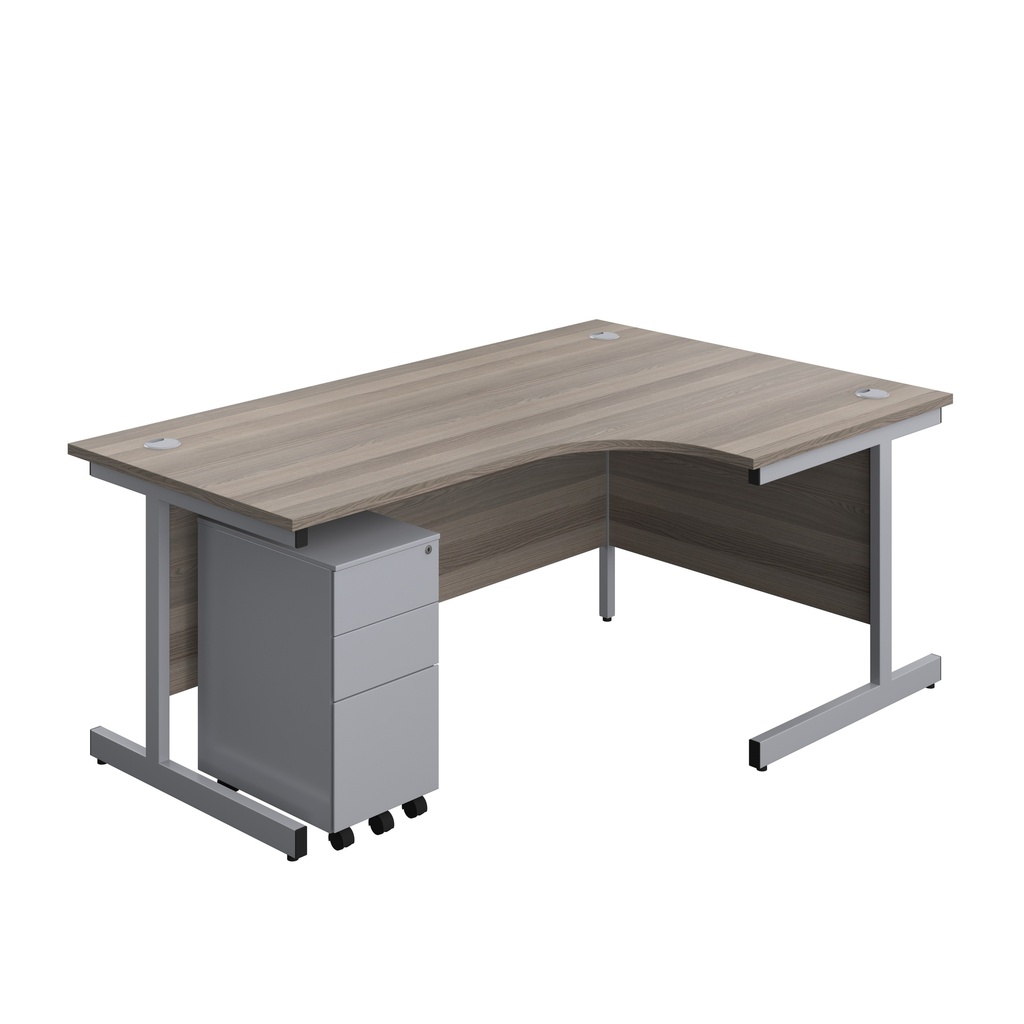 Single Upright Right Hand Radial Desk + Slimline Steel Pedestal 3 Drawers (FSC) | 1800 X 1200 | Grey Oak/Silver | 