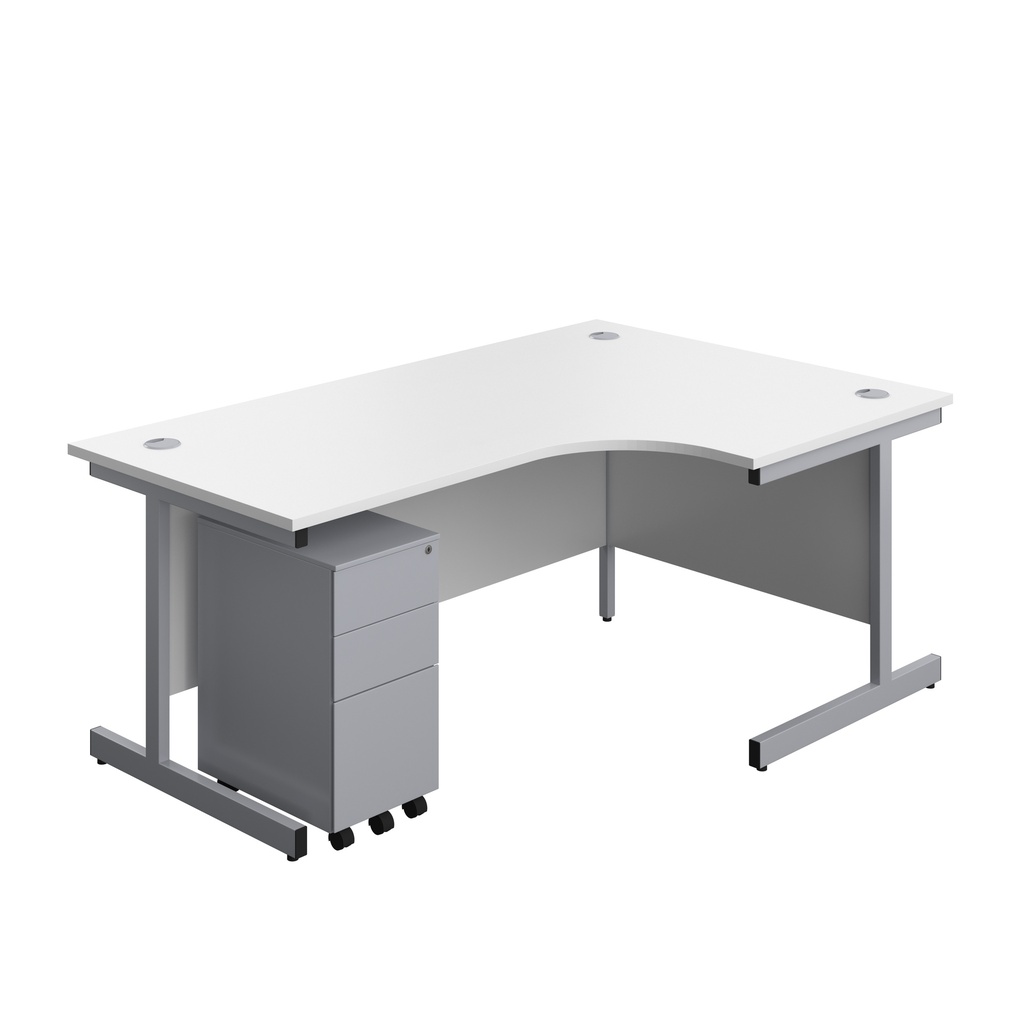 Single Upright Right Hand Radial Desk + Slimline Steel Pedestal 3 Drawers (FSC) | 1800 X 1200 | White/Silver | 