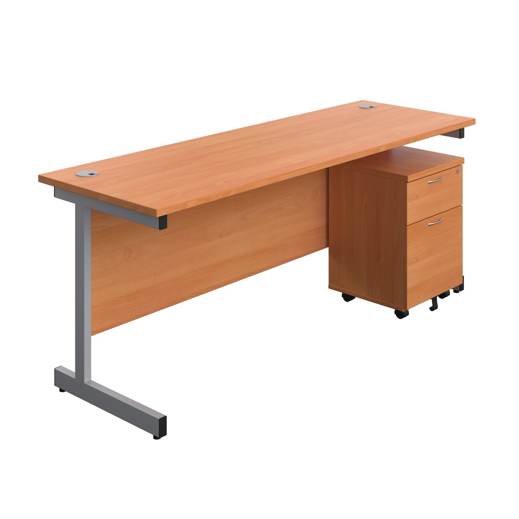 Single Upright Rectangular Desk + Mobile 2 Drawer Pedestal (FSC) | 1800 X 600 | Beech/Silver | 