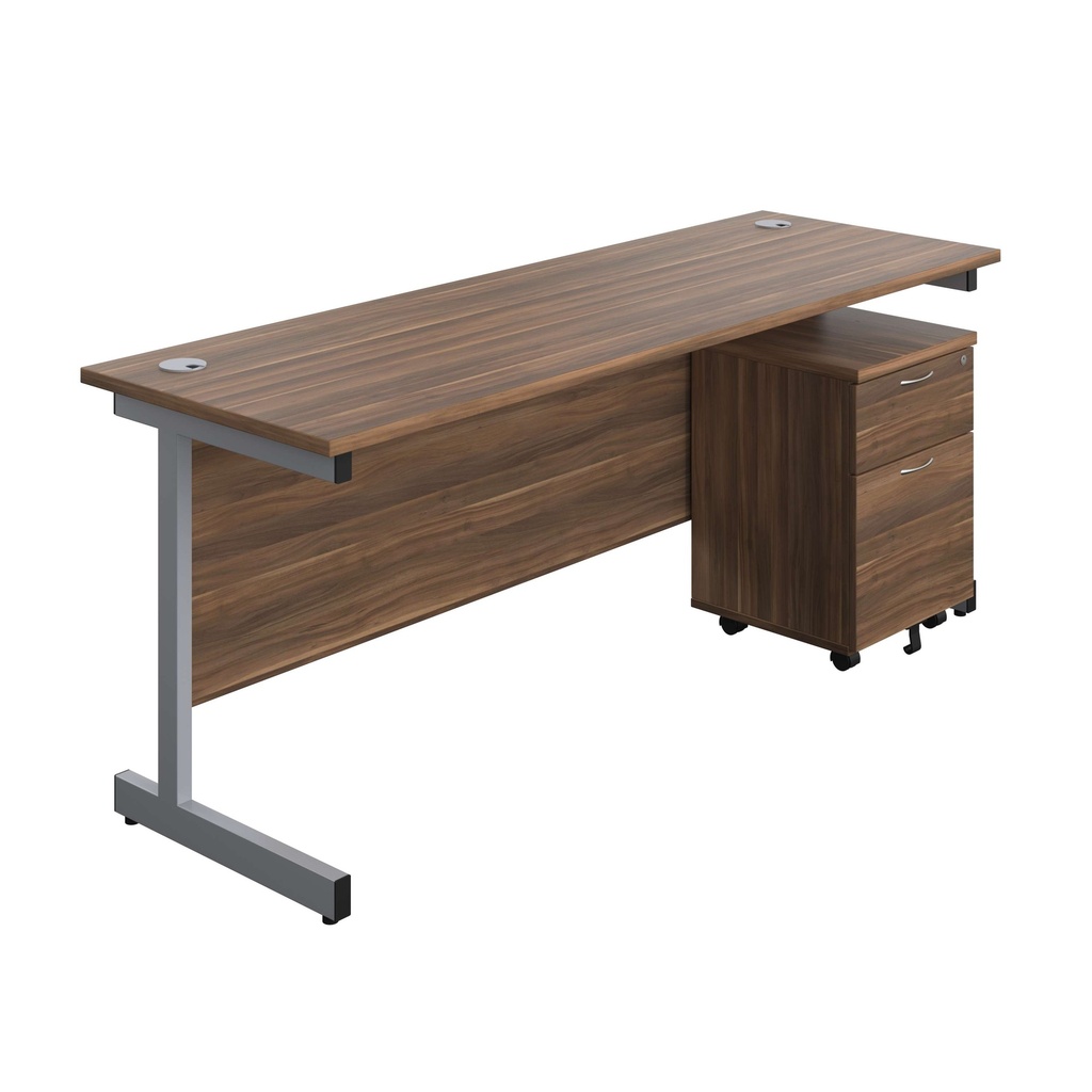 Single Upright Rectangular Desk + Mobile 2 Drawer Pedestal (FSC) | 1800 X 600 | Dark Walnut/Silver | 
