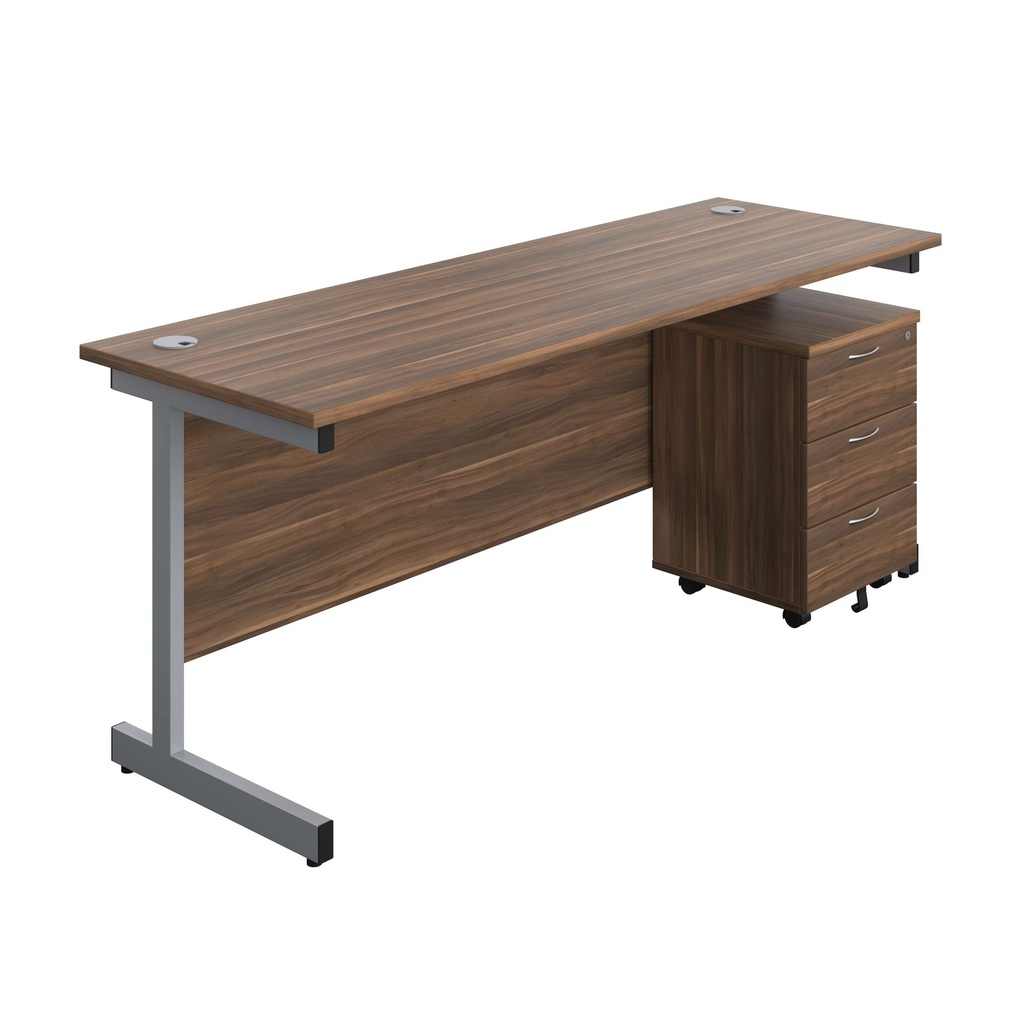 Single Upright Rectangular Desk + Mobile 3 Drawer Pedestal (FSC) | 1800 X 600 | Dark Walnut/Silver | 