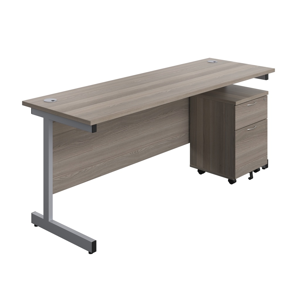 Single Upright Rectangular Desk + Mobile 2 Drawer Pedestal (FSC) | 1800 X 600 | Grey Oak/Silver | 
