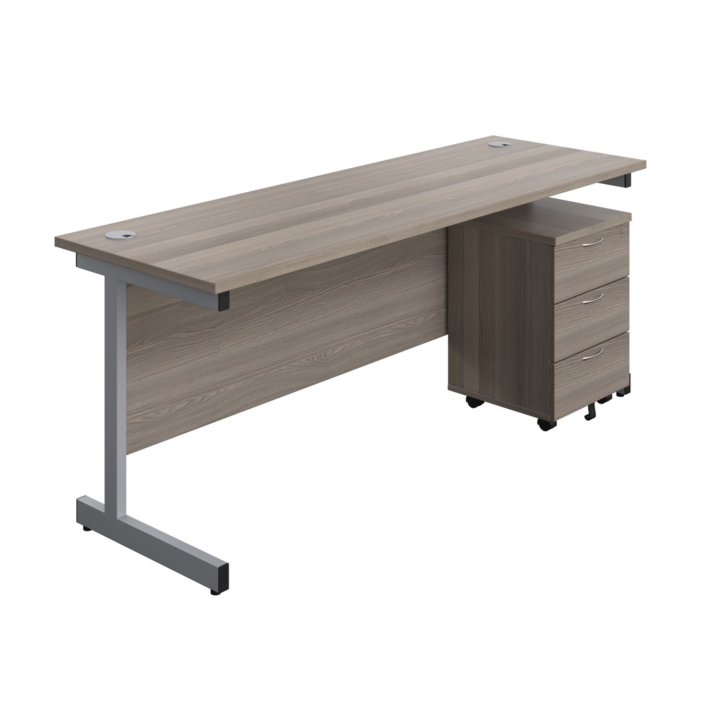Single Upright Rectangular Desk + Mobile 3 Drawer Pedestal (FSC) | 1800 X 600 | Grey Oak/Silver | 
