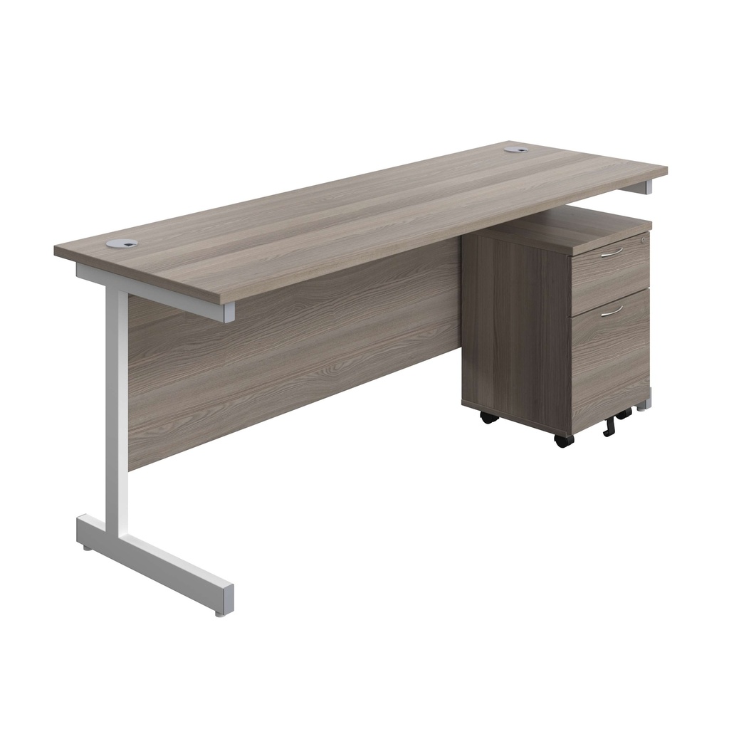Single Upright Rectangular Desk + Mobile 2 Drawer Pedestal (FSC) | 1800 X 600 | Grey Oak/White | 