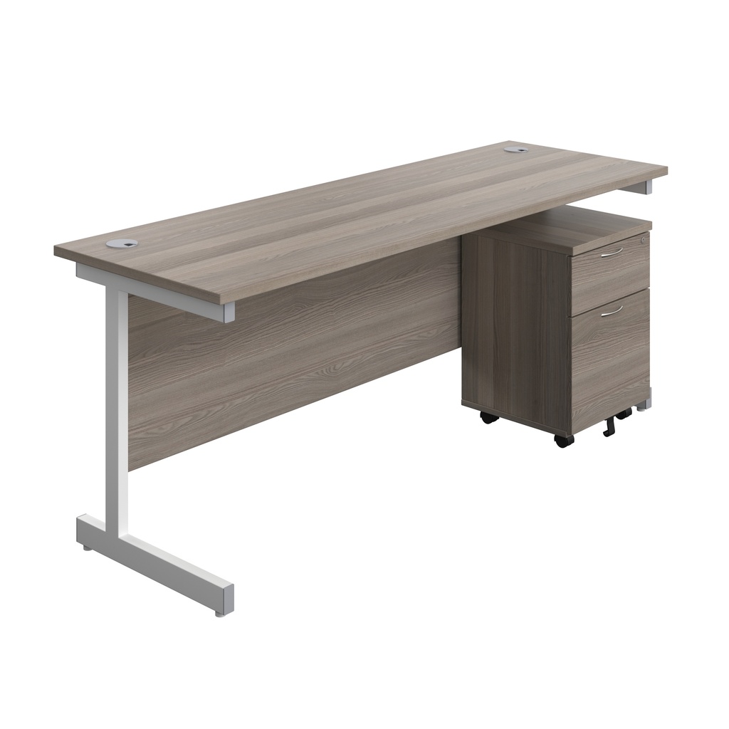 Single Upright Rectangular Desk + Mobile 2 Drawer Pedestal (FSC) | 1800 X 600 | Grey Oak/White | 