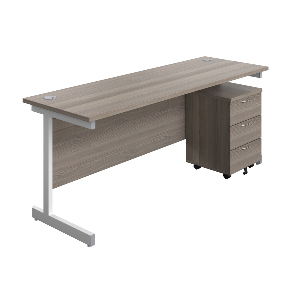 Single Upright Rectangular Desk + Mobile 3 Drawer Pedestal (FSC) | 1800 X 600 | Grey Oak/White | 