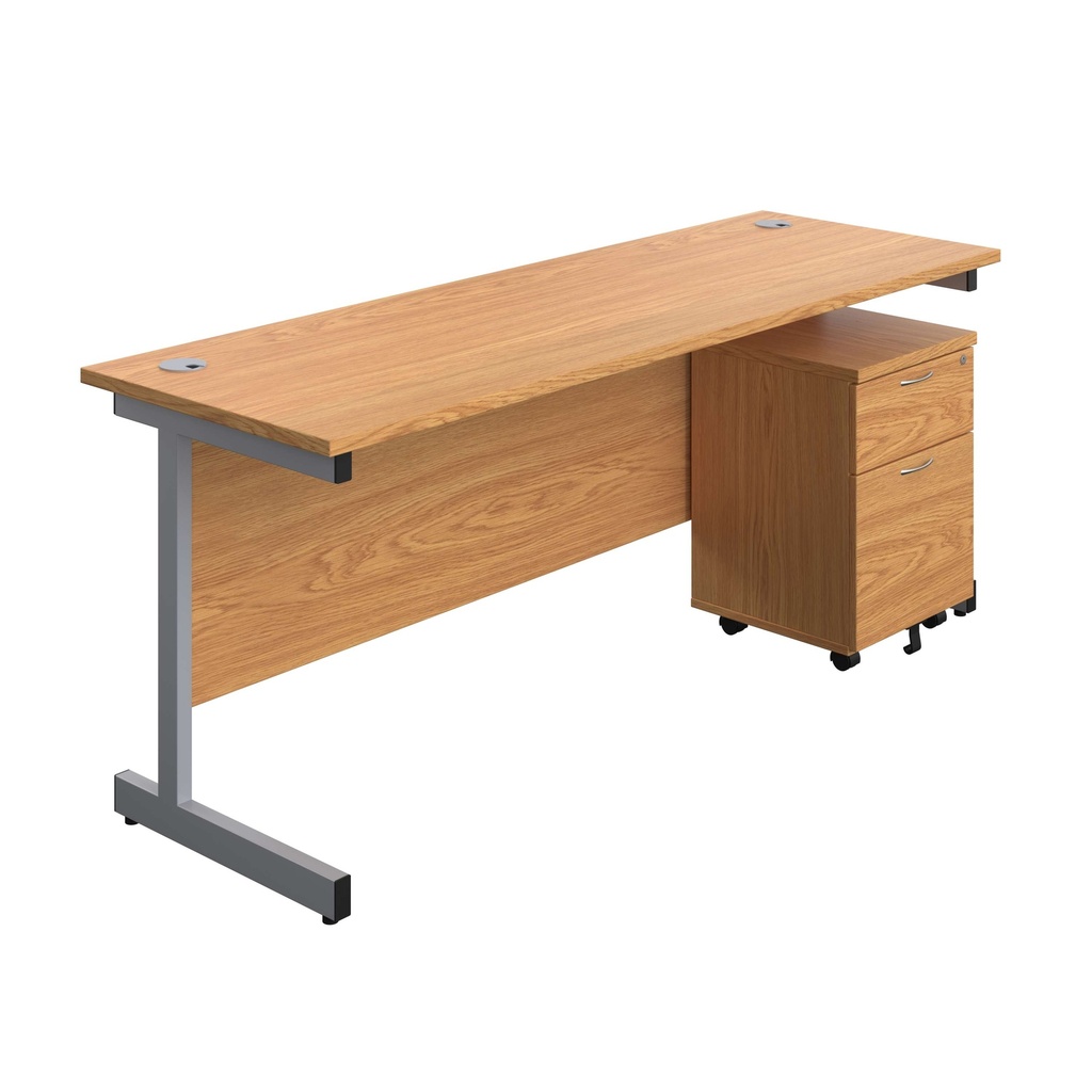 Single Upright Rectangular Desk + Mobile 2 Drawer Pedestal (FSC) | 1800 X 600 | Nova Oak/Silver | 