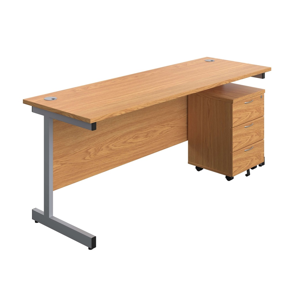 Single Upright Rectangular Desk + Mobile 3 Drawer Pedestal (FSC) | 1800 X 600 | Nova Oak/Silver | 