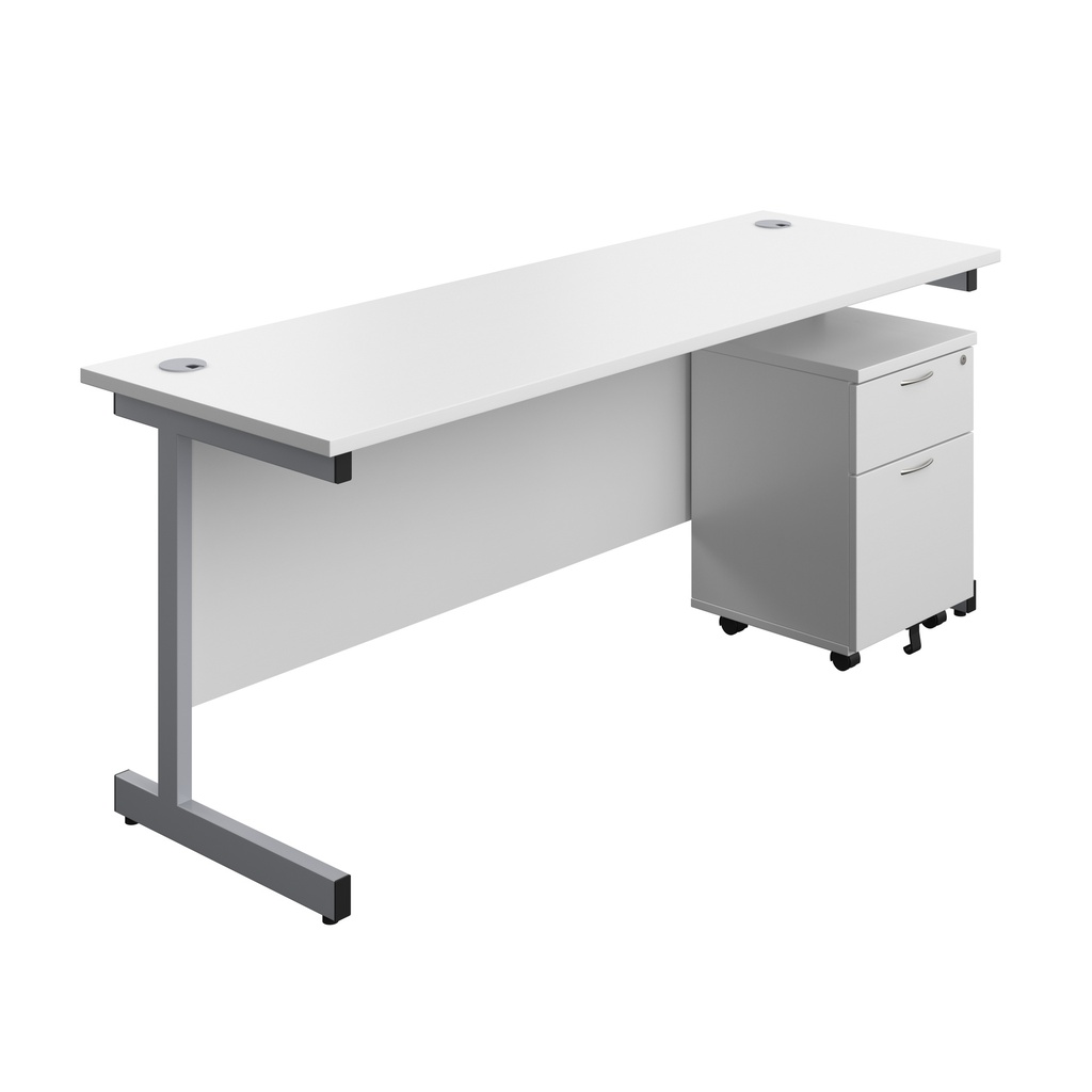 Single Upright Rectangular Desk + Mobile 2 Drawer Pedestal (FSC) | 1800 X 600 | White/Silver | 