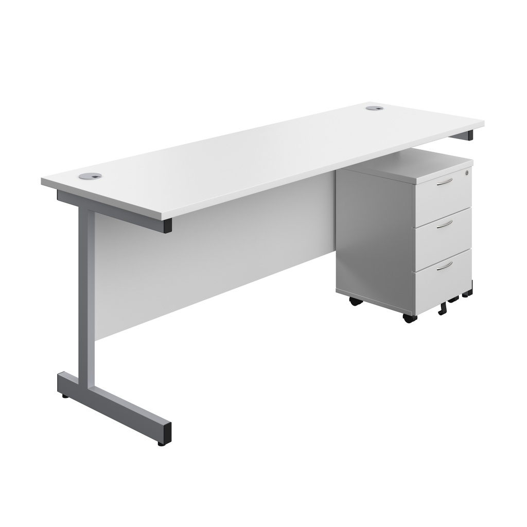 Single Upright Rectangular Desk + Mobile 3 Drawer Pedestal (FSC) | 1800 X 600 | White/Silver | 
