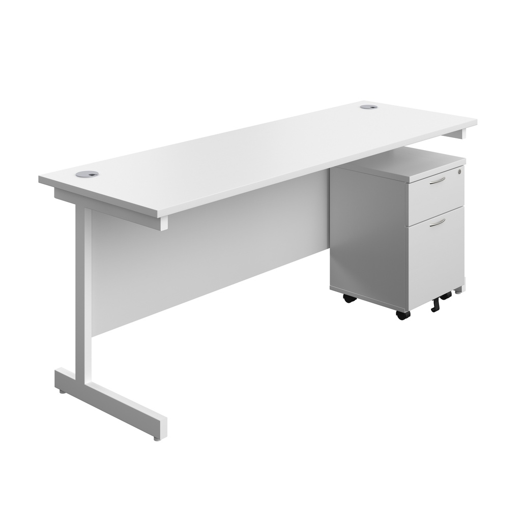 Single Upright Rectangular Desk + Mobile 2 Drawer Pedestal (FSC) | 1800 X 600 | White/White | 