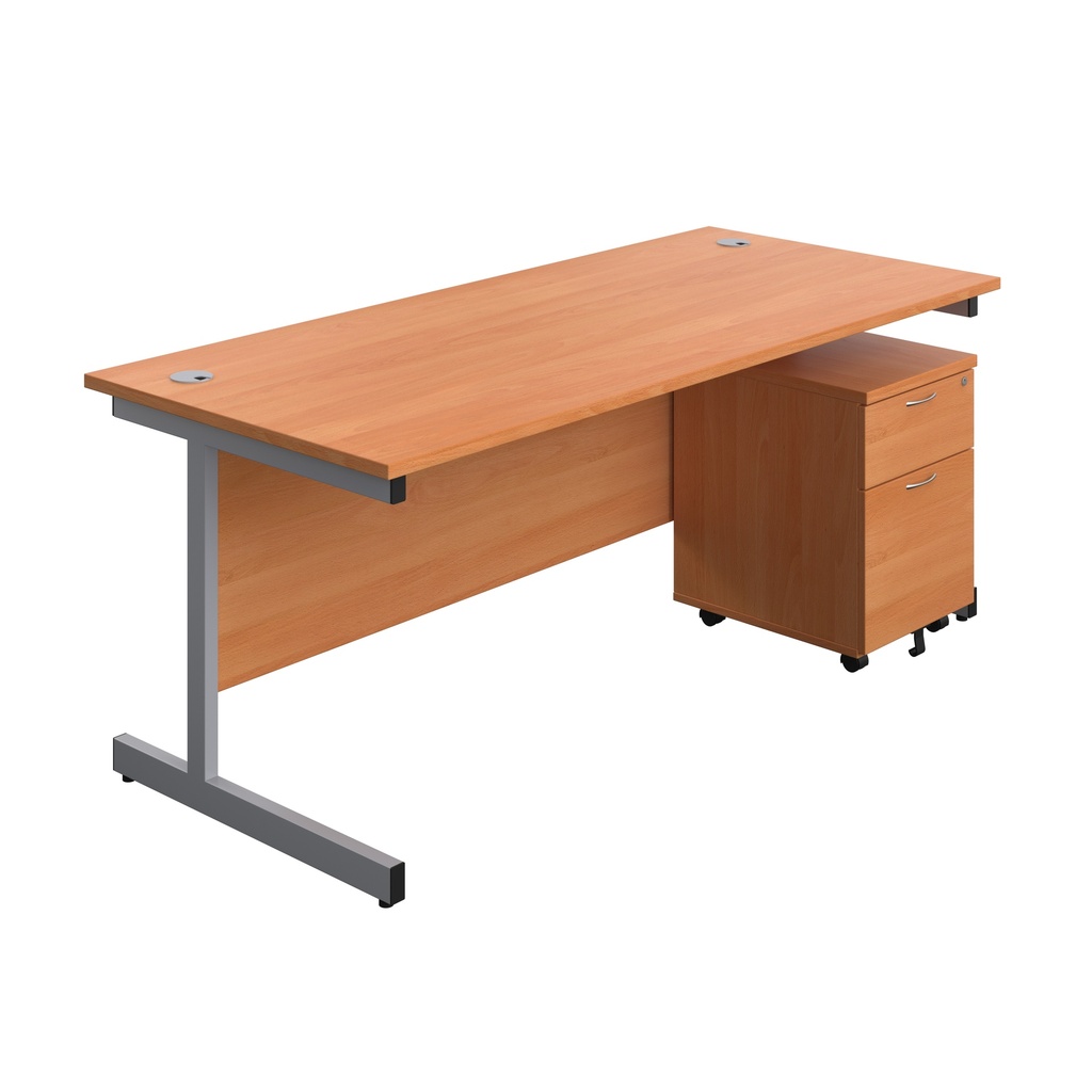 Single Upright Rectangular Desk + Mobile 2 Drawer Pedestal (FSC) | 1800 X 800 | Beech/Silver | 