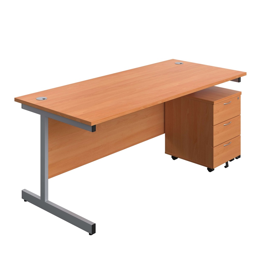 Single Upright Rectangular Desk + Mobile 3 Drawer Pedestal (FSC) | 1800 X 800 | Beech/Silver | 