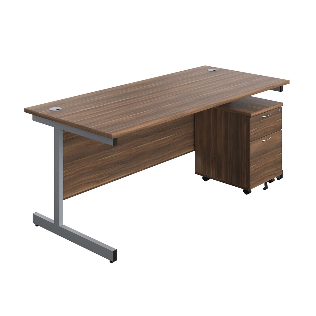 Single Upright Rectangular Desk + Mobile 2 Drawer Pedestal (FSC) | 1800 X 800 | Dark Walnut/Silver | 