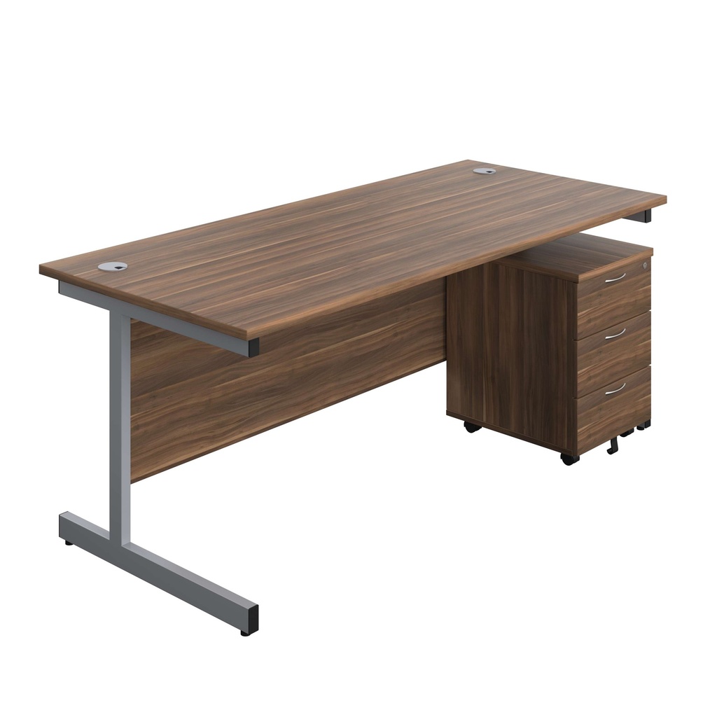 Single Upright Rectangular Desk + Mobile 3 Drawer Pedestal (FSC) | 1800 X 800 | Dark Walnut/Silver | 