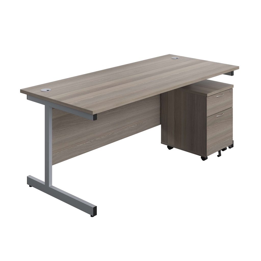 Single Upright Rectangular Desk + Mobile 2 Drawer Pedestal (FSC) | 1800 X 800 | Grey Oak/Silver | 