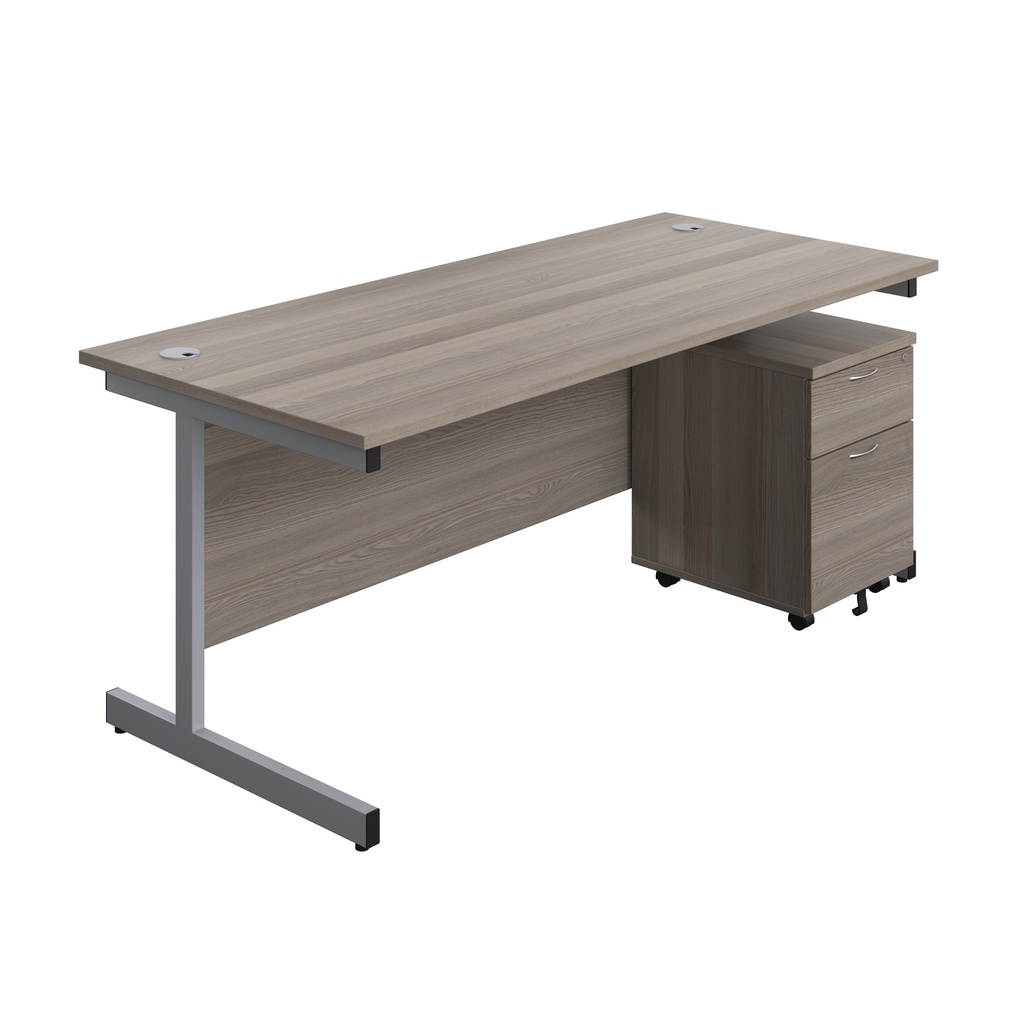 Single Upright Rectangular Desk + Mobile 2 Drawer Pedestal (FSC) | 1800 X 800 | Grey Oak/Silver | 