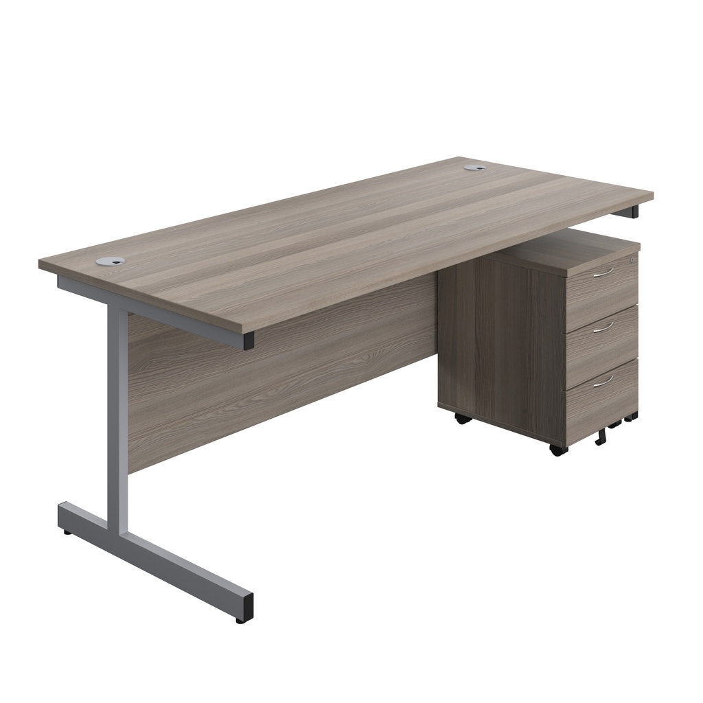 Single Upright Rectangular Desk + Mobile 3 Drawer Pedestal (FSC) | 1800 X 800 | Grey Oak/Silver | 