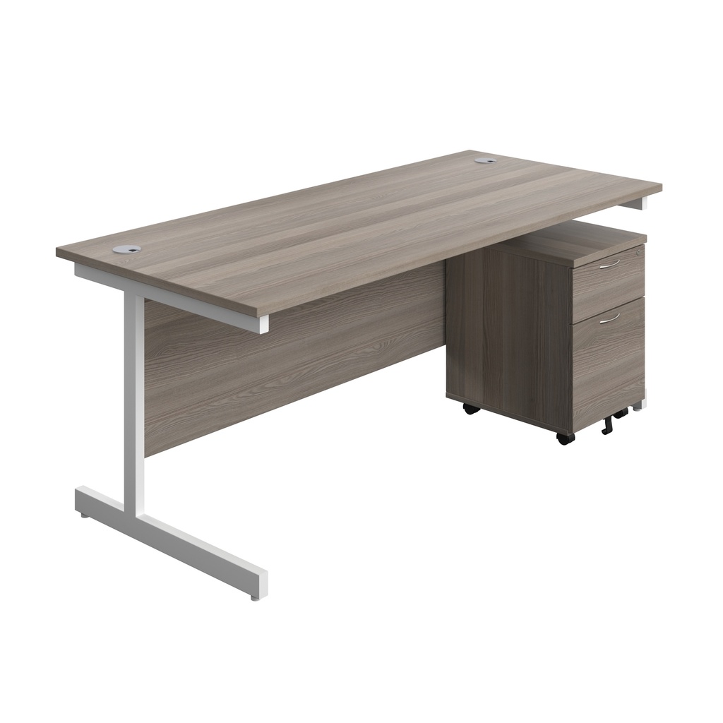 Single Upright Rectangular Desk + Mobile 2 Drawer Pedestal (FSC) | 1800 X 800 | Grey Oak/White | 