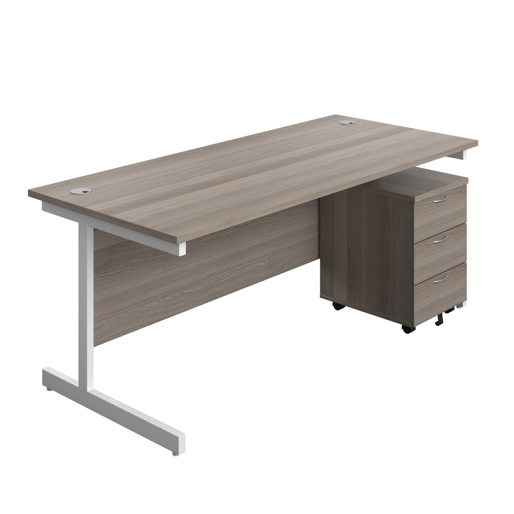 Single Upright Rectangular Desk + Mobile 3 Drawer Pedestal (FSC) | 1800 X 800 | Grey Oak/White | 