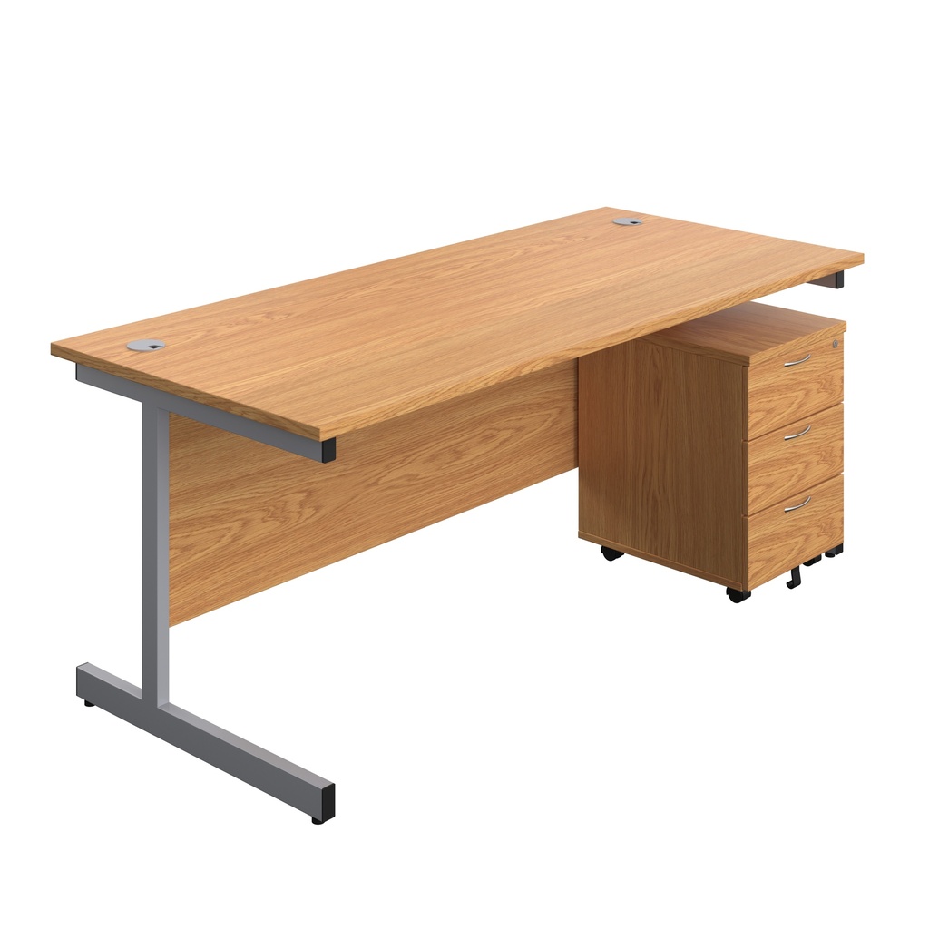 Single Upright Rectangular Desk + Mobile 3 Drawer Pedestal (FSC) | 1800 X 800 | Nova Oak/Silver | 