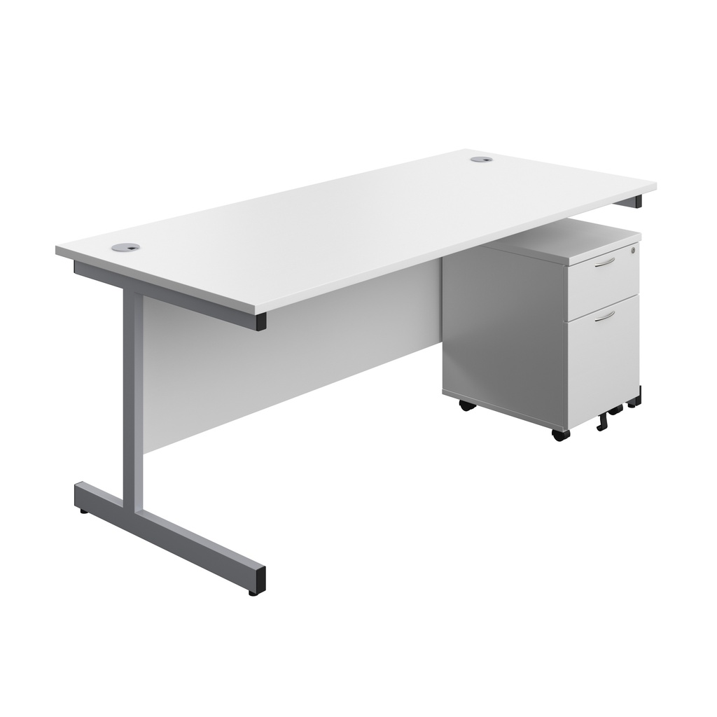 Single Upright Rectangular Desk + Mobile 2 Drawer Pedestal (FSC) | 1800 X 800 | White/Silver | 