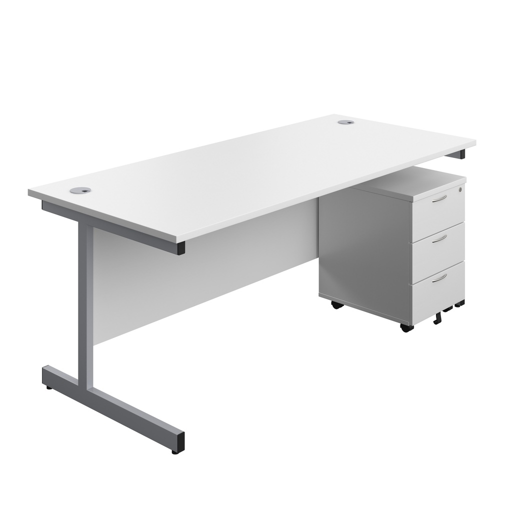 Single Upright Rectangular Desk + Mobile 3 Drawer Pedestal (FSC) | 1800 X 800 | White/Silver | 