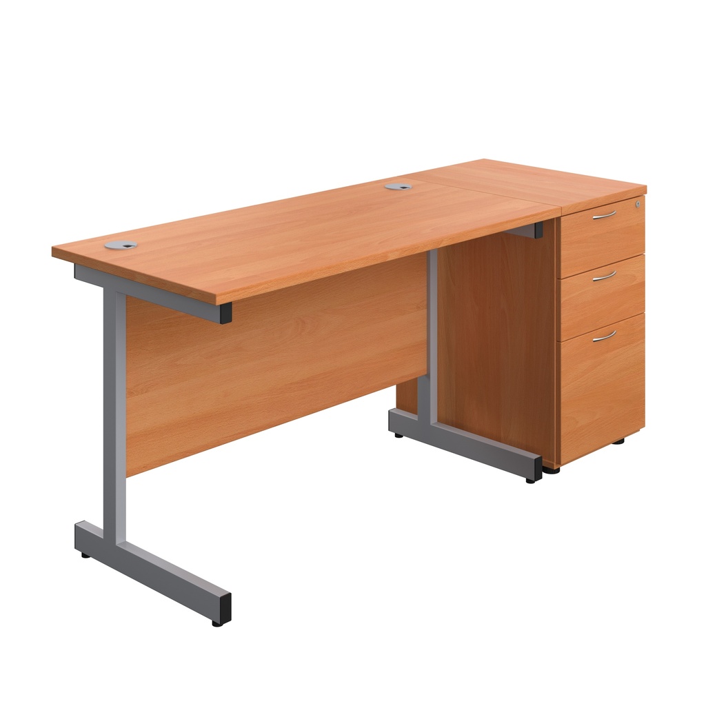 Single Upright Rectangular Desk + Desk High 3 Drawer Pedestal (FSC) | 1200 X 600 | Beech/Silver | 