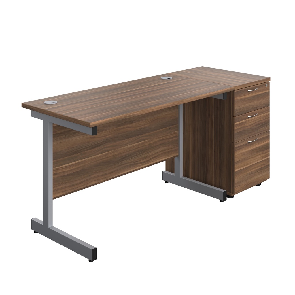 Single Upright Rectangular Desk + Desk High 3 Drawer Pedestal (FSC) | 1200 X 600 | Dark Walnut/Silver | 