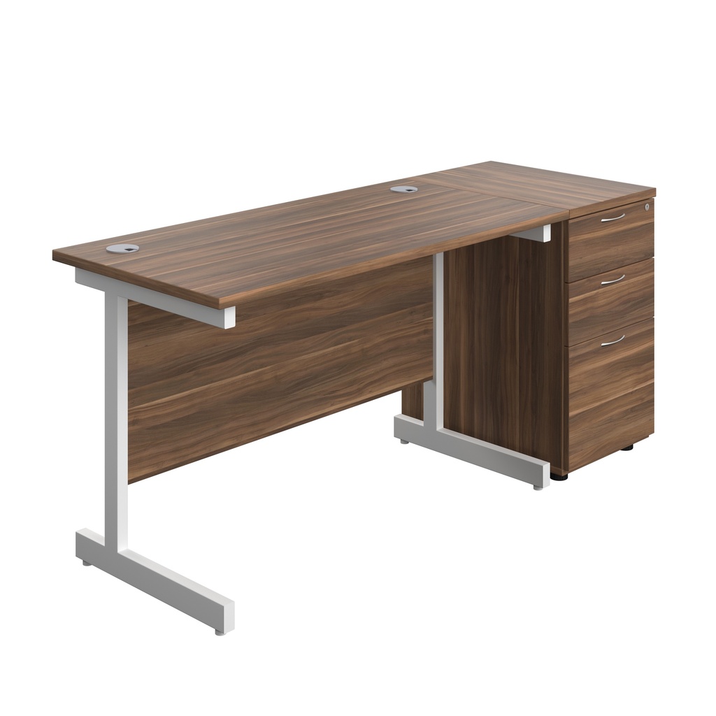 Single Upright Rectangular Desk + Desk High 3 Drawer Pedestal (FSC) | 1200 X 600 | Dark Walnut/White | 