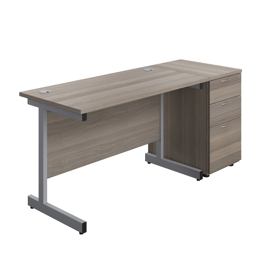 Single Upright Rectangular Desk + Desk High 3 Drawer Pedestal (FSC) | 1200 X 600 | Grey Oak/Silver | 