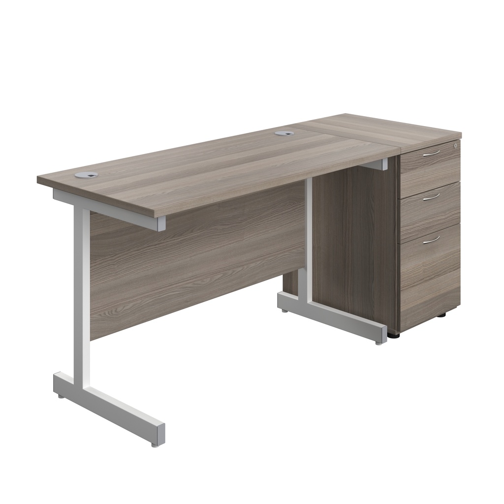 Single Upright Rectangular Desk + Desk High 3 Drawer Pedestal (FSC) | 1200 X 600 | Grey Oak/White | 