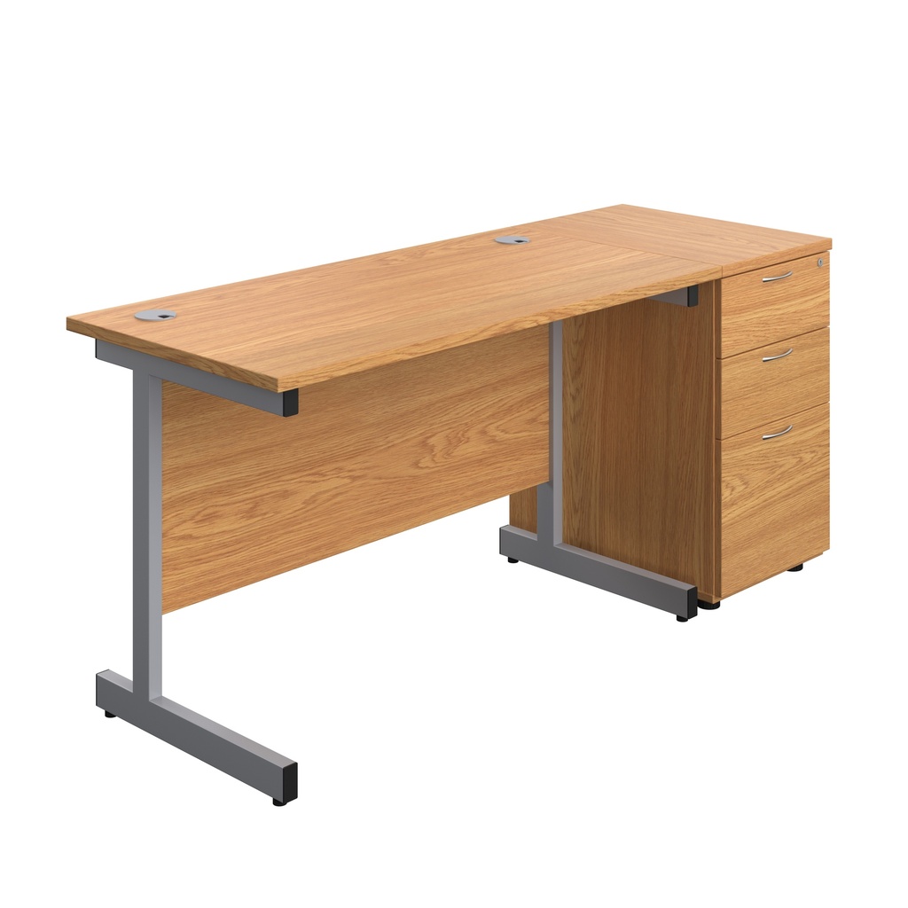 Single Upright Rectangular Desk + Desk High 3 Drawer Pedestal (FSC) | 1200 X 600 | Nova Oak/Silver | 