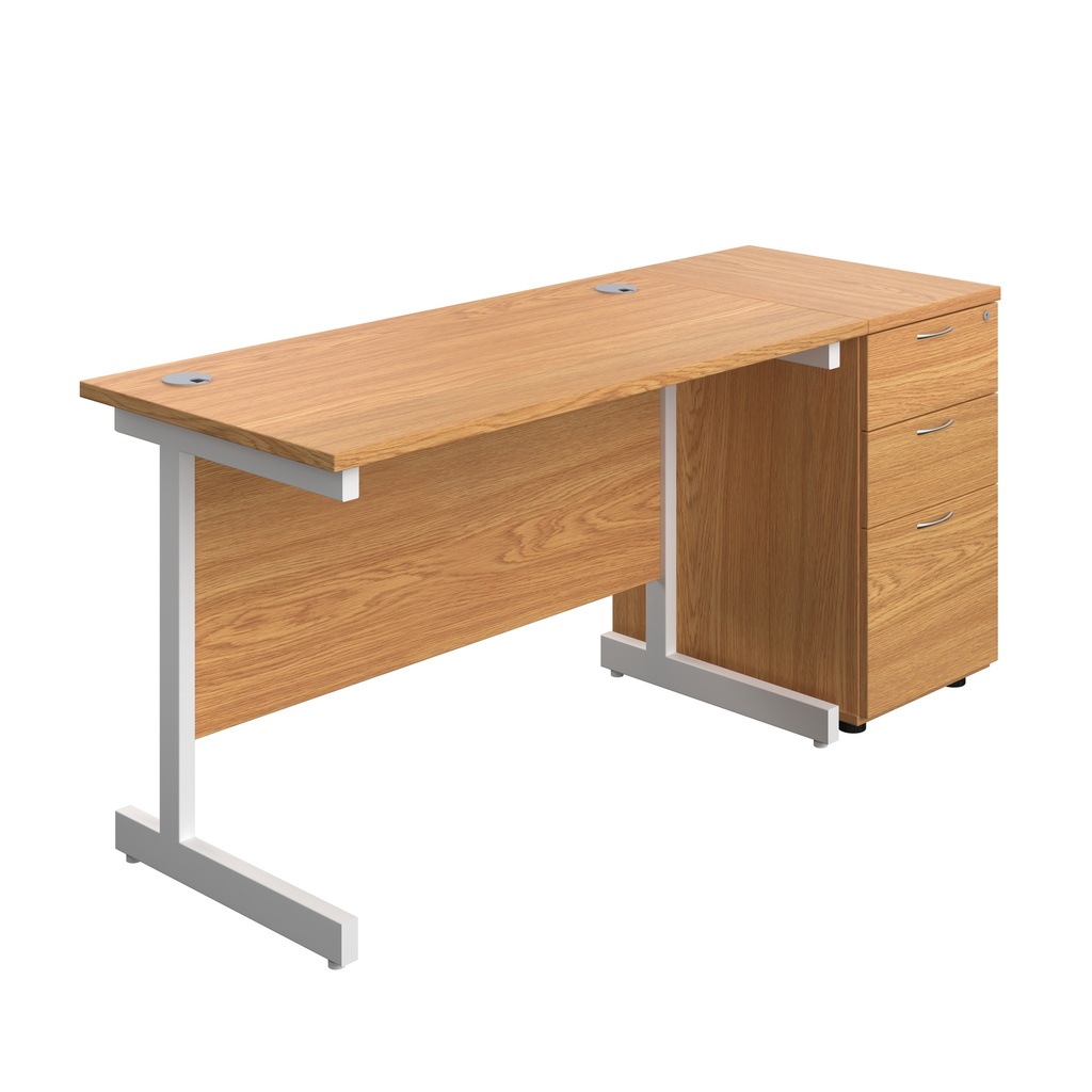 Single Upright Rectangular Desk + Desk High 3 Drawer Pedestal (FSC) | 1200 X 600 | Nova Oak/White | 
