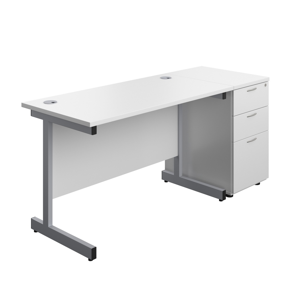 Single Upright Rectangular Desk + Desk High 3 Drawer Pedestal (FSC) | 1200 X 600 | White/Silver | 