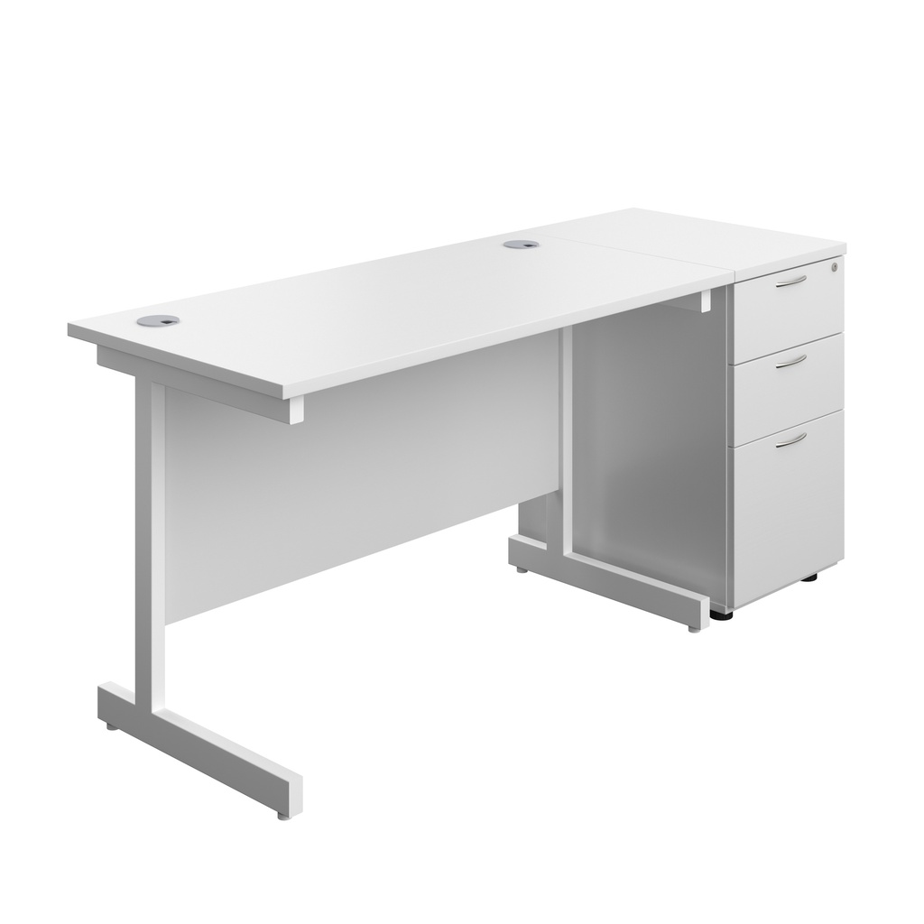 Single Upright Rectangular Desk + Desk High 3 Drawer Pedestal (FSC) | 1200 X 600 | White/White | 