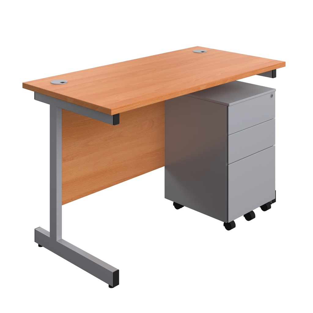 Single Upright Rectangular Desk + Under Desk Steel Pedestal 3 Drawers (FSC) | 1200 X 600 | Beech/Silver | 
