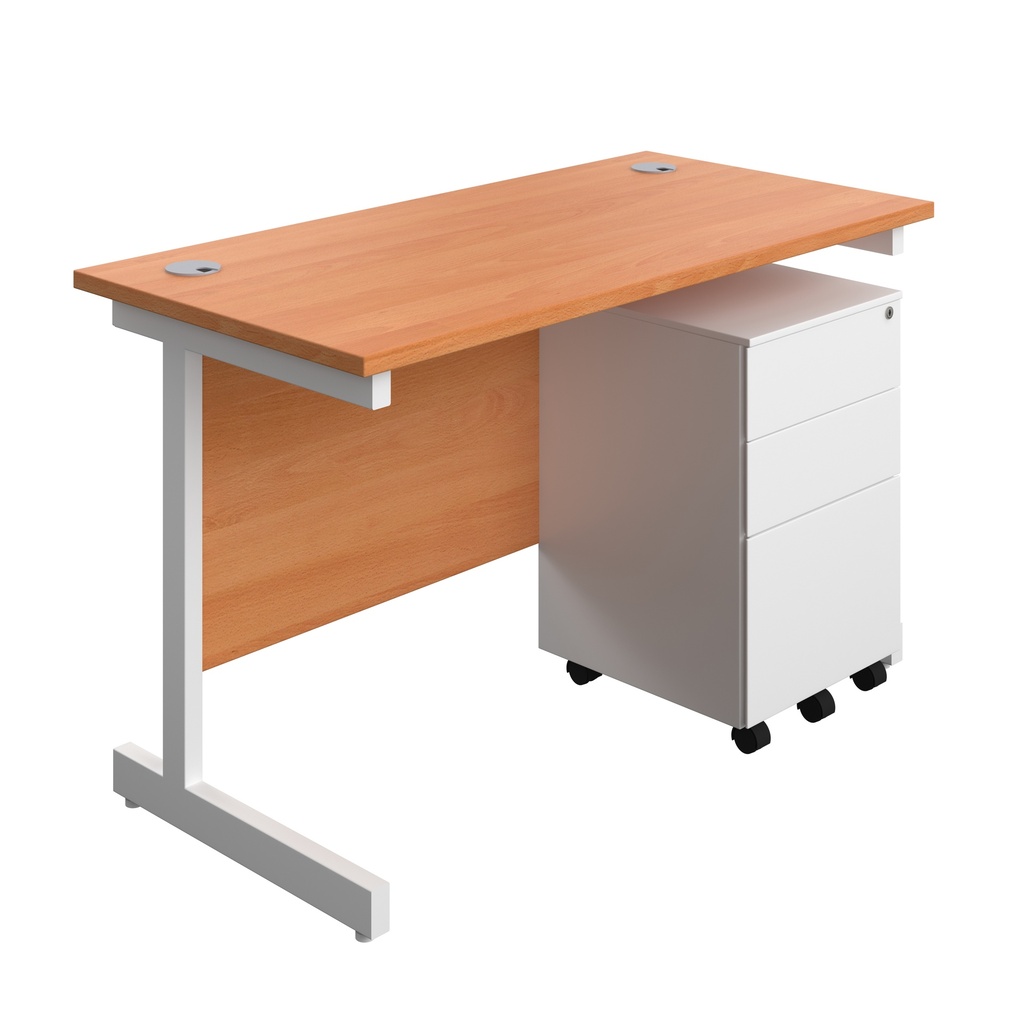 Single Upright Rectangular Desk + Under Desk Steel Pedestal 3 Drawers (FSC) | 1200 X 600 | Beech/White | 