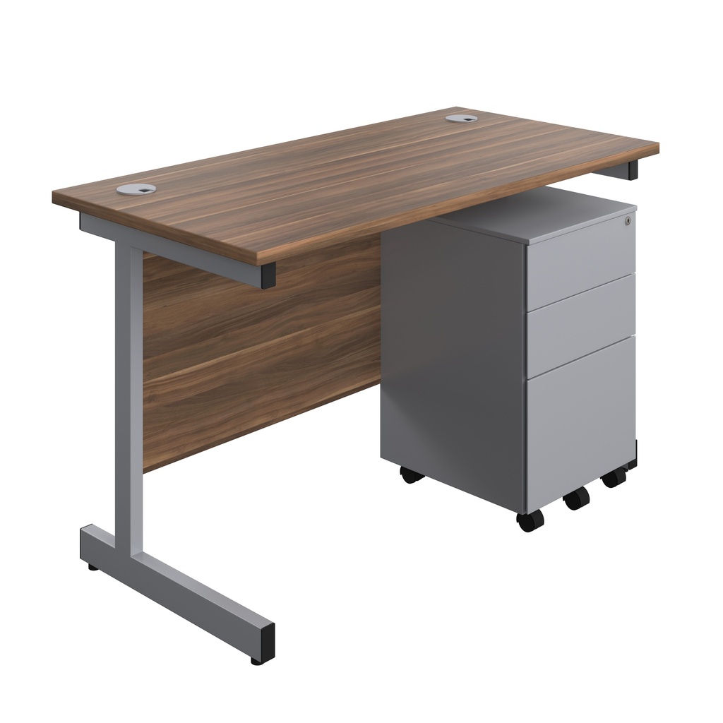 Single Upright Rectangular Desk + Under Desk Steel Pedestal 3 Drawers (FSC) | 1200 X 600 | Dark Walnut/Silver | 