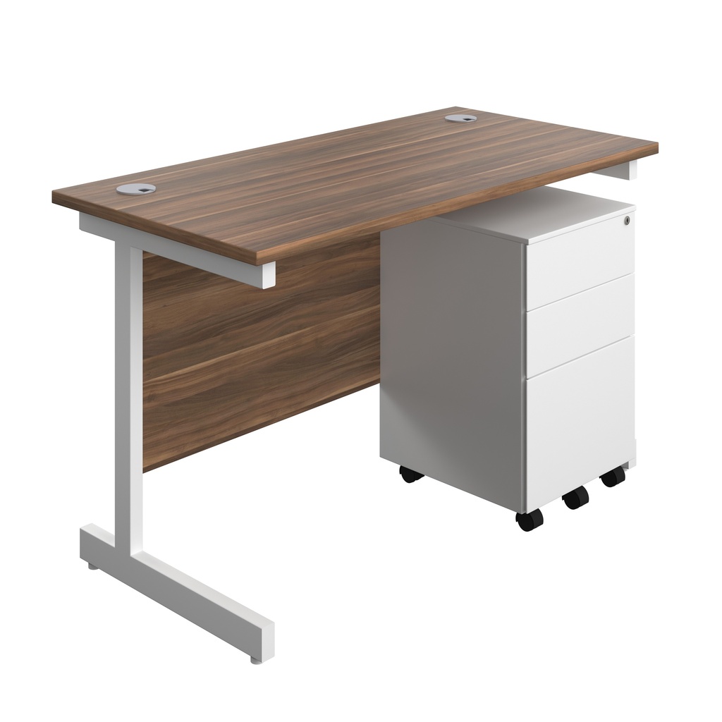 Single Upright Rectangular Desk + Under Desk Steel Pedestal 3 Drawers (FSC) | 1200 X 600 | Dark Walnut/White | 