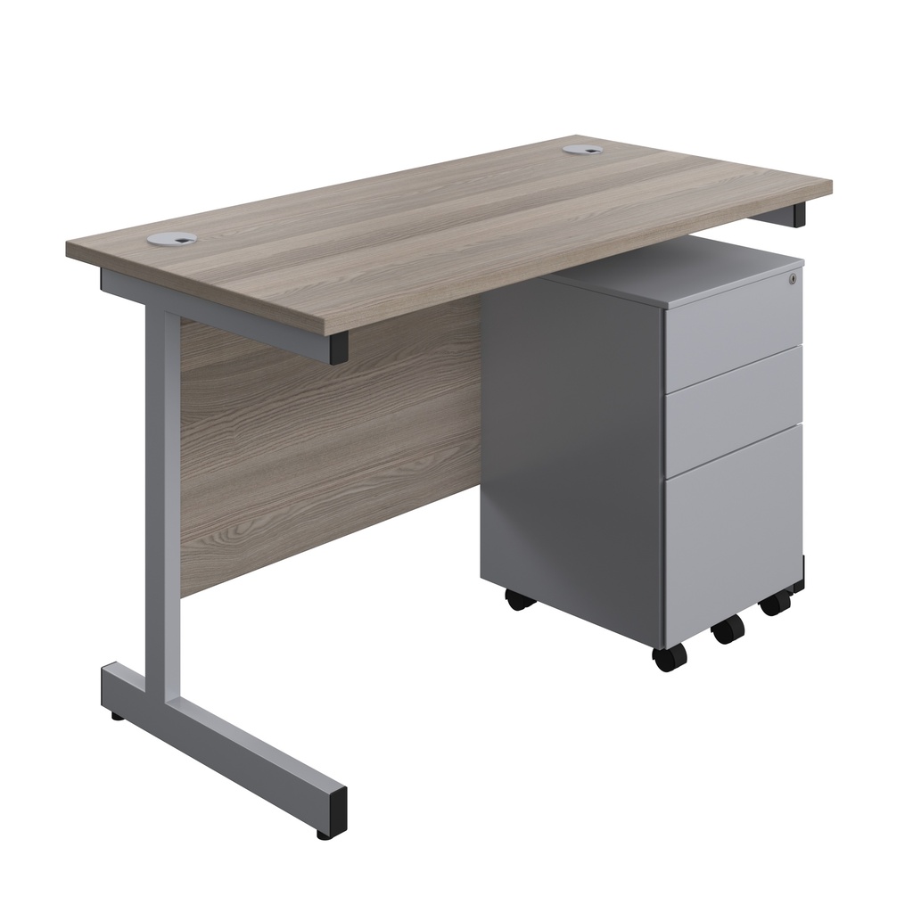 Single Upright Rectangular Desk + Under Desk Steel Pedestal 3 Drawers (FSC) | 1200 X 600 | Grey Oak/Silver | 