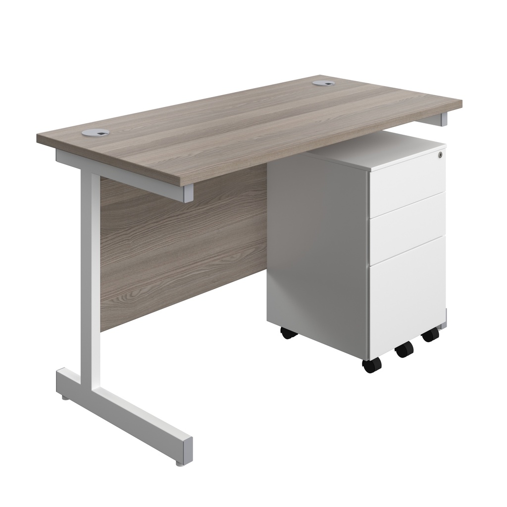 Single Upright Rectangular Desk + Under Desk Steel Pedestal 3 Drawers (FSC) | 1200 X 600 | Grey Oak/White | 